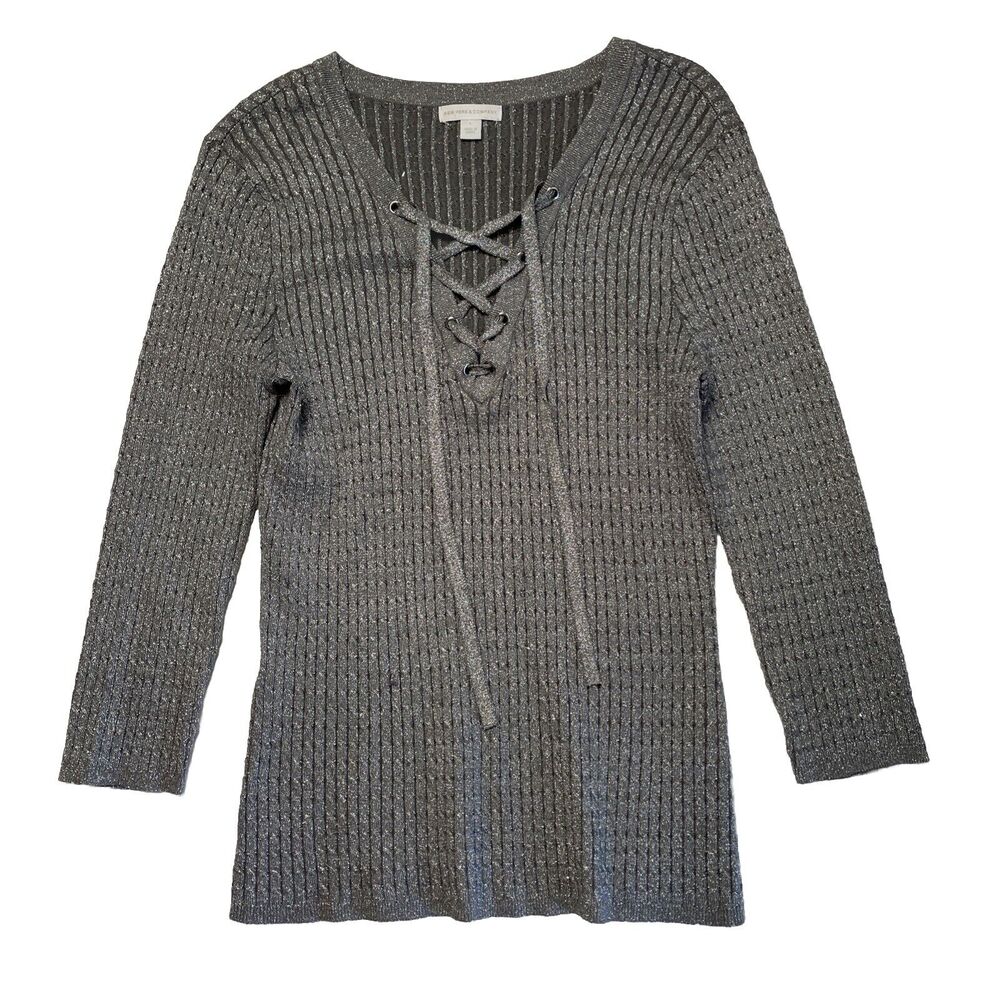 New York & Company Gray Metallic Sweater Lace Up V Neck Size Large